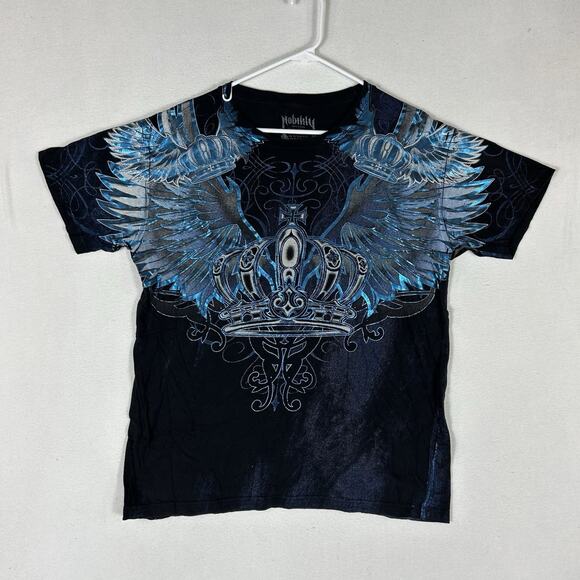 Vintage Nobility Y2K T-Shirt Men's Large Black Allover Print Crown Wings Blue - Picture 1 of 8